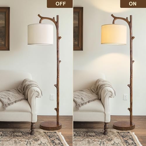 OYEARS Tree Wood-Grain Farmhouse Floor Lamp with Remote - Rustic Standing Lamp for Living Room