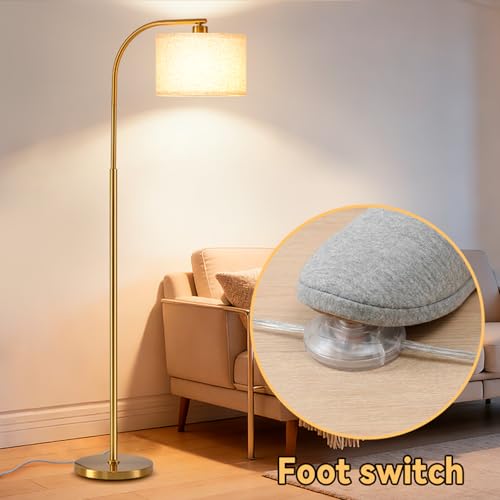 Gold Floor Lamp for Living Room & Bedroom - 65'' Modern Standing Lamp with Fabric Shade & 3-Color LED Bulb - Gold Linen Variation