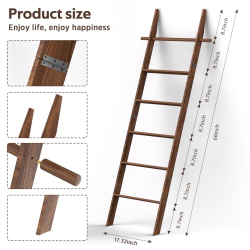 Dark Brown Farmhouse Wooden Blanket Ladder 6-Tier with Removable Hooks