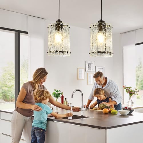 Black Pendant Lights Kitchen Island 2-Pack Water Ripple Glass Fixtures Modern Adjustable Hanging Lighting for Dining Room & Entryway