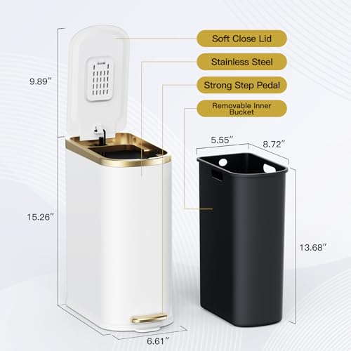 Small Bathroom Trash Can with Lid 10L/2.6 Gal Slim Design Soft Close White