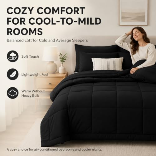 CozyLux Full Size Black Comforter Set - 7-Piece Bed in a Bag, All-Season Warmth