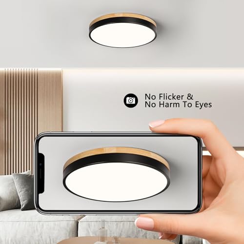 Black Wood Flush Mount Ceiling Light 11.81 Inch Non-Dimmable Modern Design