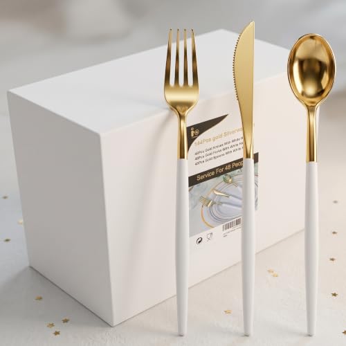 I00000 144 pcs Gold Disposable Silverware Set with White Handles, Food Grade & Durable Cutlery for Events