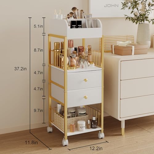 Makeup Organizer Storage Cart with Drawers - Gold, Large Capacity & Rotating Casters