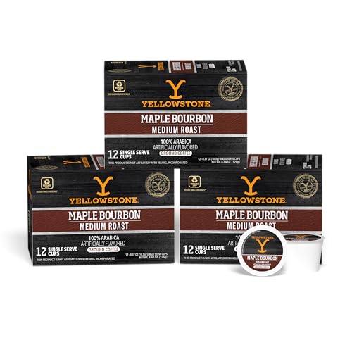 Maple Bourbon Medium Roast Coffee Pods - Yellowstone 12 Pack of 36 Recyclable Single Serve Cups