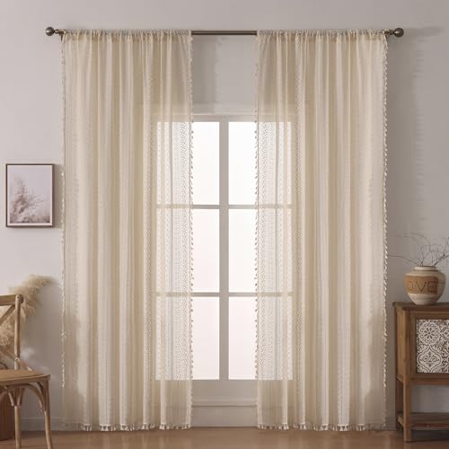 WAZZIO 2-Pack Boho Crochet Lace Curtains 59"W x 84"L Beige Light Filtering Drapes