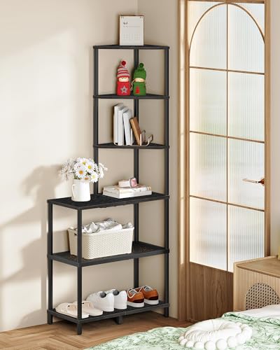 CHOEZON 6-Tier Corner Shelf, Industrial Bookshelf with Desk Top,