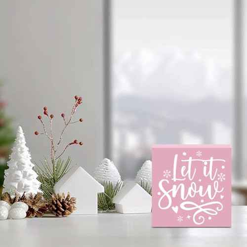 Let It Snow Decor, Pink Winter Decor for Home Table, Pink Snowman Decorations, Funny Winter Christmas Decorations 5 x 5 inches