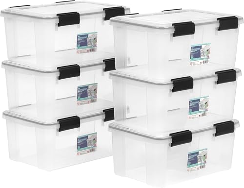 19 Qt Storage Bins with Gasket Lids - 6 Pack Clear/Black, Airtight Weatherproof Containers