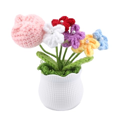 Crochet Pink Flower Pot Set - Handmade Knit Artificial Flowers for Home Office Decor