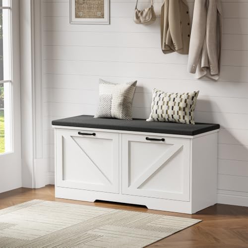 Farmhouse Shoe Storage Bench with Seat Cushion & Adjustable Flip Drawers - 39.4W x 11.8D x 19.7H