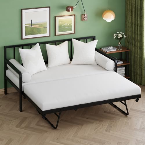 Twin Stand-Up Trundle Bed with Lockable Wheels - Black, Space-Saving