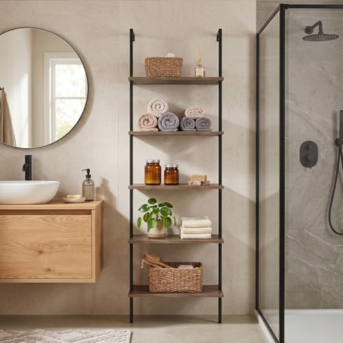 5-Tier Wall-Mounted Ladder Shelf - Brown Industrial Bookshelf, 23.6in