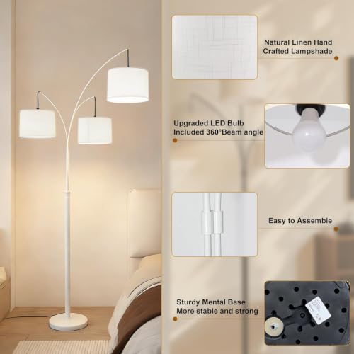 White Dimmable Arc Floor Lamp with Remote Control - Tall LED Standing Light