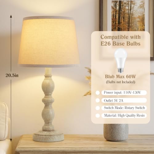GyroVu Creamy White Rustic Farmhouse Set of 2 Bedside Table Lamps with Linen Shade - 20.5 inches