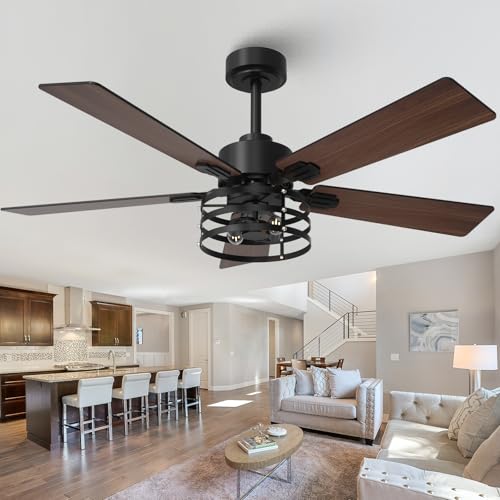 Vaczon 52-inch Farmhouse Ceiling Fan with Light, Maple/Black, 6-Speed DC Motor