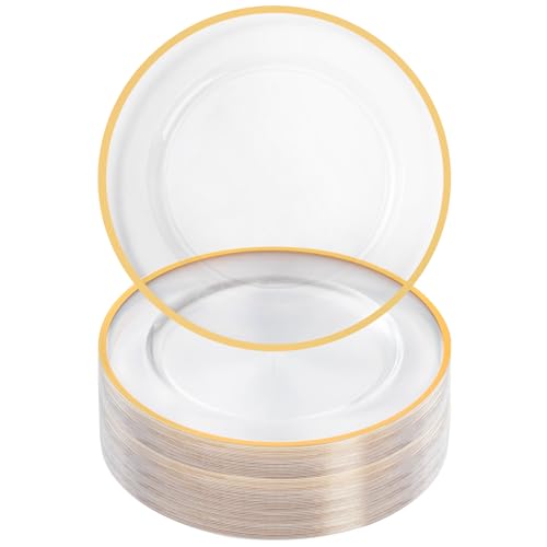 50 Pack 12 Inch Clear Charger Plates with Gold Rim - Elegant Disposable Tableware
