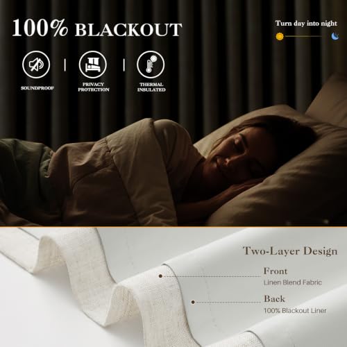 IVAPUPU Natural Linen Blend Blackout Curtains Pack of 2, 40W x 108L, Pinch Pleat, Darkening for Bedroom & Living Room