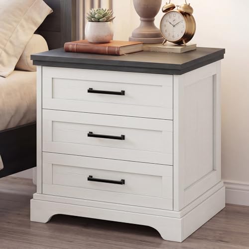 White Farmhouse Nightstand with Built-in USB Charging Station & 3 Drawers - DUMOS