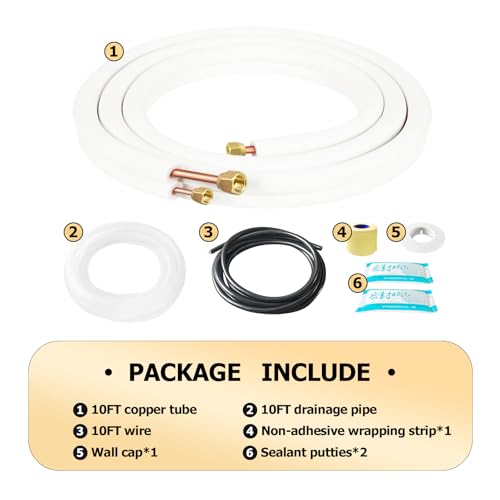 10FT Mini Split Line Set with 1/4 & 3/8 Inch Copper Pipes Insulation Kit - HVAC