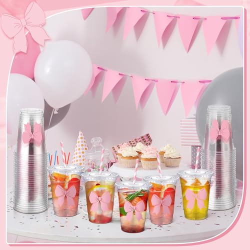 Sliner 16oz Pink Bow Plastic Cups with Straw - Pack of 25, Coquette Style