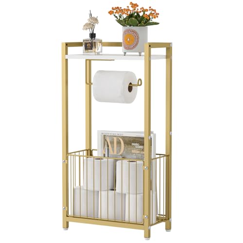 Freestanding Toilet Paper Holder with Storage Shelf - Gold Bathroom Organizer