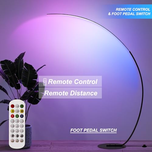 RGBW Modern 69-Inch Arched Floor Lamp with Remote Control - Black, Dimmable & Color Changing for Living Room & Bedroom