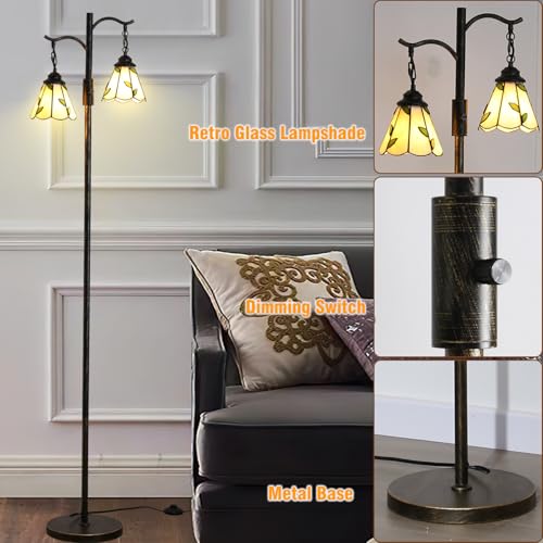Vintage Dimmable Floor Lamp with 2 Tiffany Shades - 65 inch Bronze Standing Light