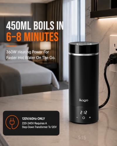 Ikago Portable Electric Kettle 15oz with Precise 1°F Temp Control, UL Certified Travel Mug