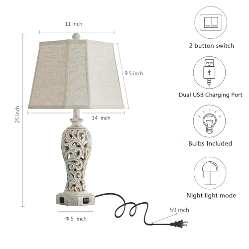 Reyokale Wash White Rustic Table Lamp Set with USB Ports & Nightlight - Farmhouse Vintage End Table Lamps for Living Room & Bedroom