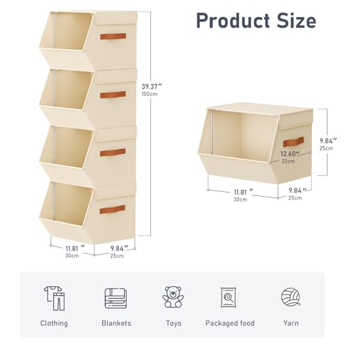 Beige Stackable Closet Organizers and Storage Bins - 4 Pack, 11.4 x 12.6 x 9.8 Inches