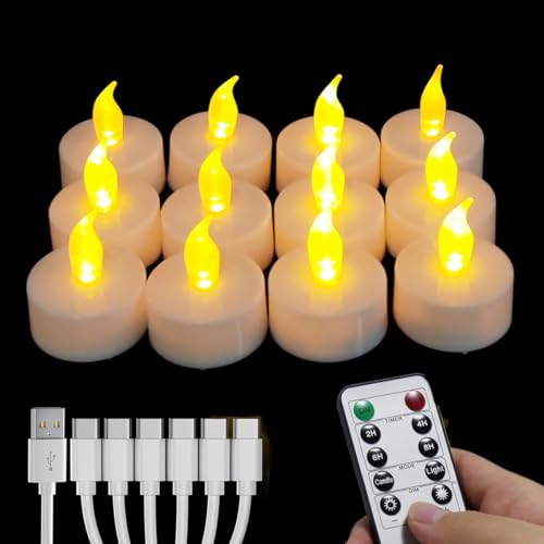 Rechargeable LED Tea Lights with Remote Timer (12-Pack, Warm Yellow) – USB-C, Flameless Candles