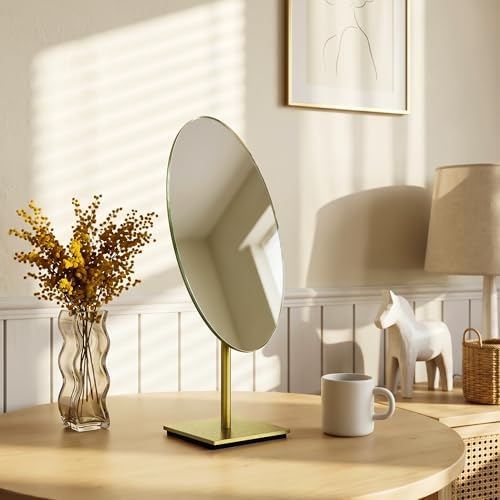 GURUN Antique Satin Brass Large Oval 7x12 Inch Tabletop Vanity Mirror with Stand
