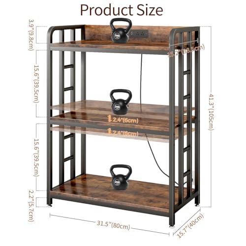 Rustic 3-Tier Adjustable Microwave Cart with Power Outlet and Casters - Brown