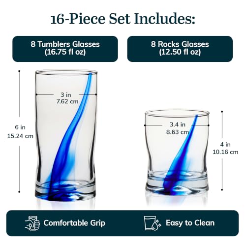 Libbey Blue Ribbon Tumbler & Rocks Glass Set of 16 - Blue Ribbon Variation