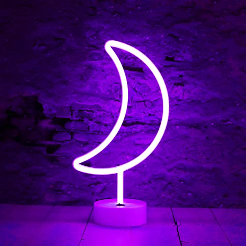LED Moon Neon Signs, Purple Crescent Night Lights USB Battery Operated Moon Lamp for Birthday Party, Wedding, Halloween, Christmas Decorations-Holder Base(Purple)