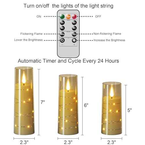 GenSwin Flickering Flameless Candles with 2 Remote Timer, 3 Pack LED Battery Operated with Embedded Star String, Battery Candles for Halloween Christmas Wedding Decororations(D2.3¡± x H5¡±6¡±7¡±)