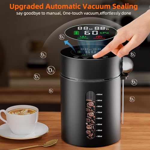 ZDXBO Automatic Vacuum Coffee Canister 1.3L Black with LED Display