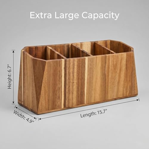 Extra Large 4-Compartment Acacia Wood Kitchen Utensil Holder - Rustic Farmhouse Countertop Storage Caddy