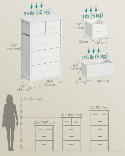 Cloud White Tall Dresser with 5 Fabric Drawers - Steel Frame & Wooden Top