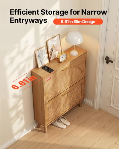 VEVOR Shoe Cabinet with 2 Flip Drawers, Rattan Doors, 6.61"D x 23.62"W x 34.53"H, Small Space Entryway Storage