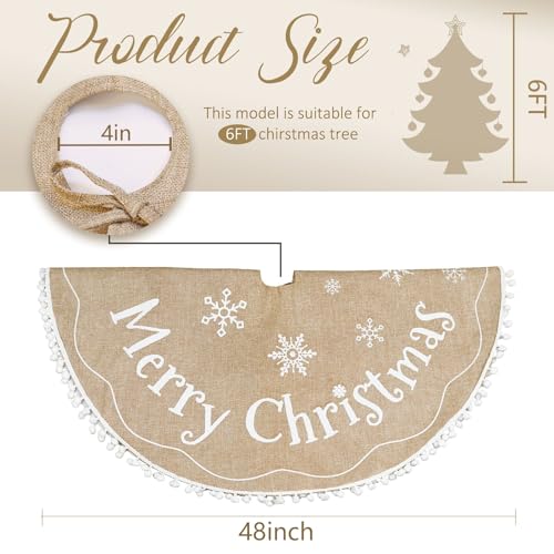 AerWo 48 Inch Burlap Christmas Tree Skirt with Snowflake Pattern – Brown