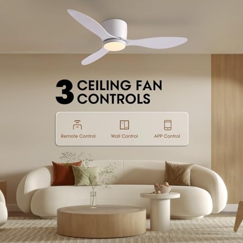 White 42 Inch Ceiling Fan with Lights, Remote & Wall Control, Dimmable, Low Profile Flush Mount