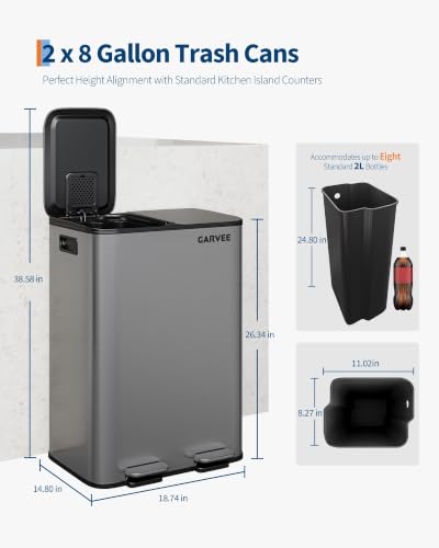 Garvee Matte Gray 2 x 8 Gallon Stainless Steel Dual Trash Can with Soft-Close Lid