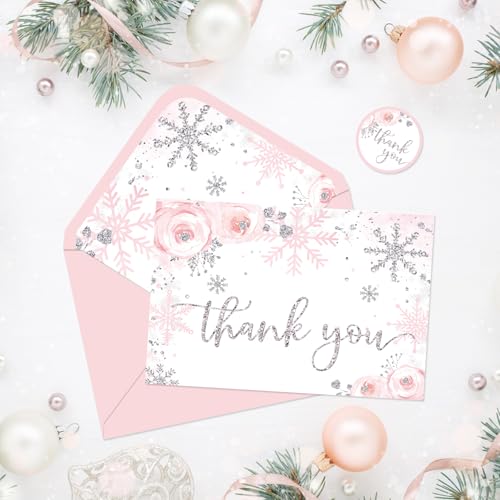 Whaline Pink Glitter Snowflake Thank You Cards 24 Pack with Envelopes & Stickers