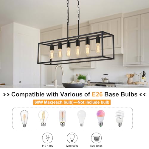 Boncoo Black Farmhouse 6-Light Linear Pendant Chandelier for Kitchen & Dining Room