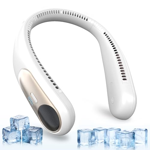 Namecute White Portable Neck Fan - 360° Bladeless Personal Wearable Cooler with LED Display, 4 Speeds, 6000mAh Rechargeable, Hands-Free Outdoor Indoor
