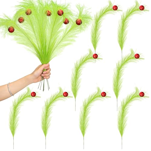 8 Pcs Christmas Tree Topper 17'' Lime Green Curly Tree Picks and Sprays with Red Ball Xmas Artificial Green Greenery Stems for Christmas Home Wreath Craft Vase Fillers Decoration Supplies