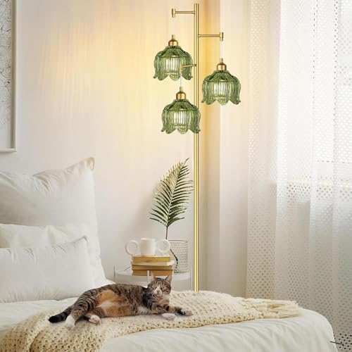 Vintage Floor Lamp with 3 Glass Flower Shades - Tall Gold Mid-Century Modern Standing Lamp with Amber Green Variation
